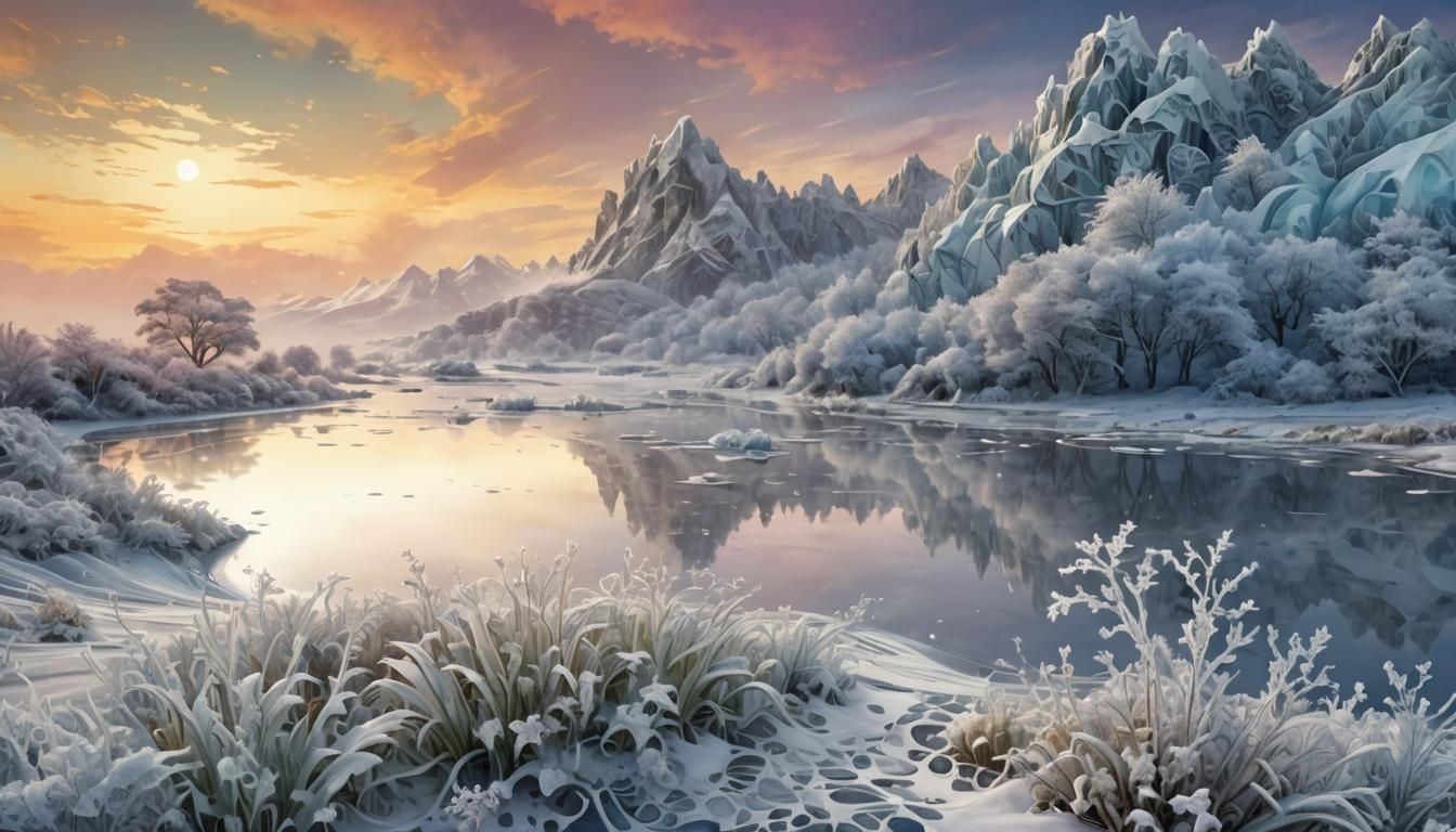 Abstract Watercolor Fractal of Frozen Plants