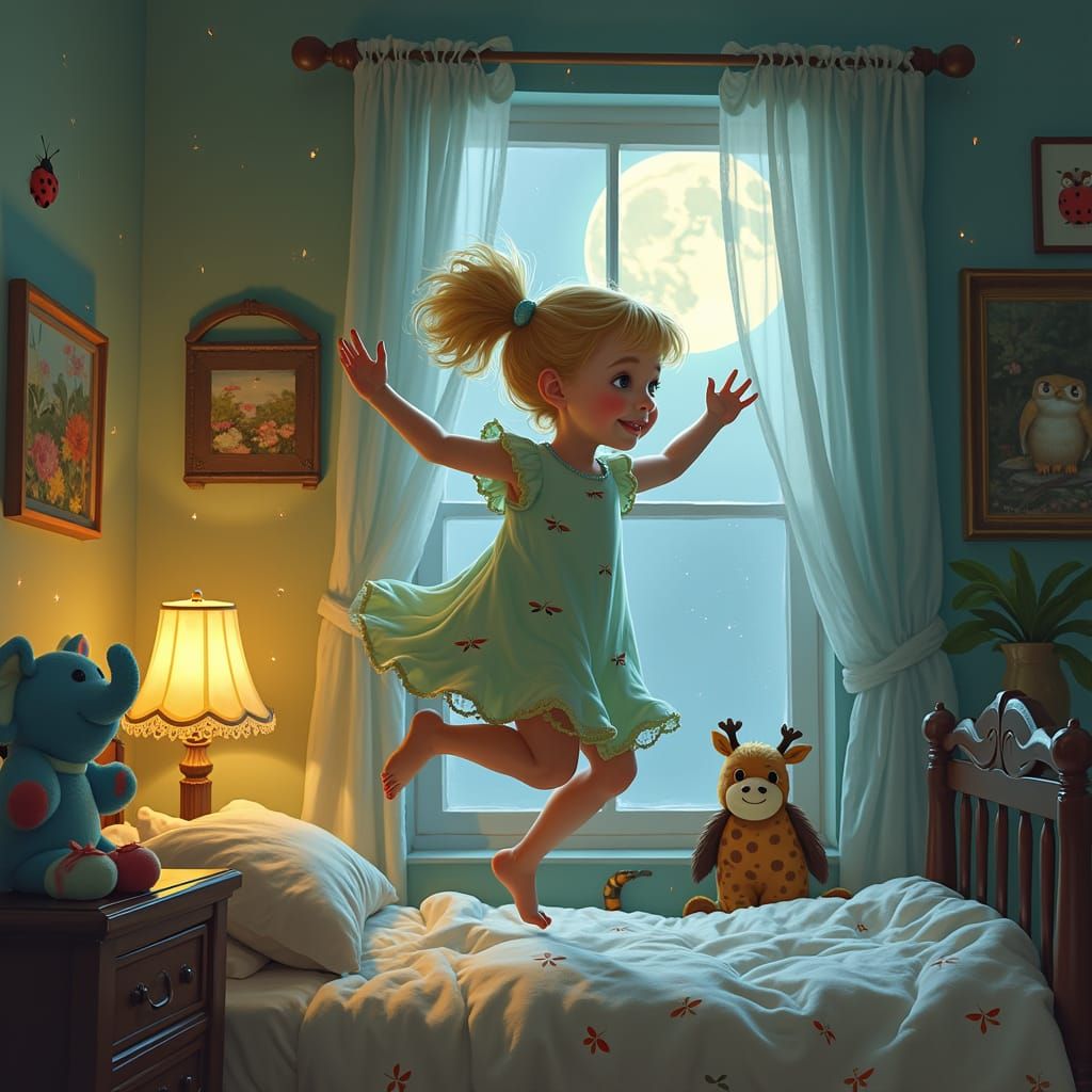 Whimsical Girl Jumps into Enchanted Nighttime Scene