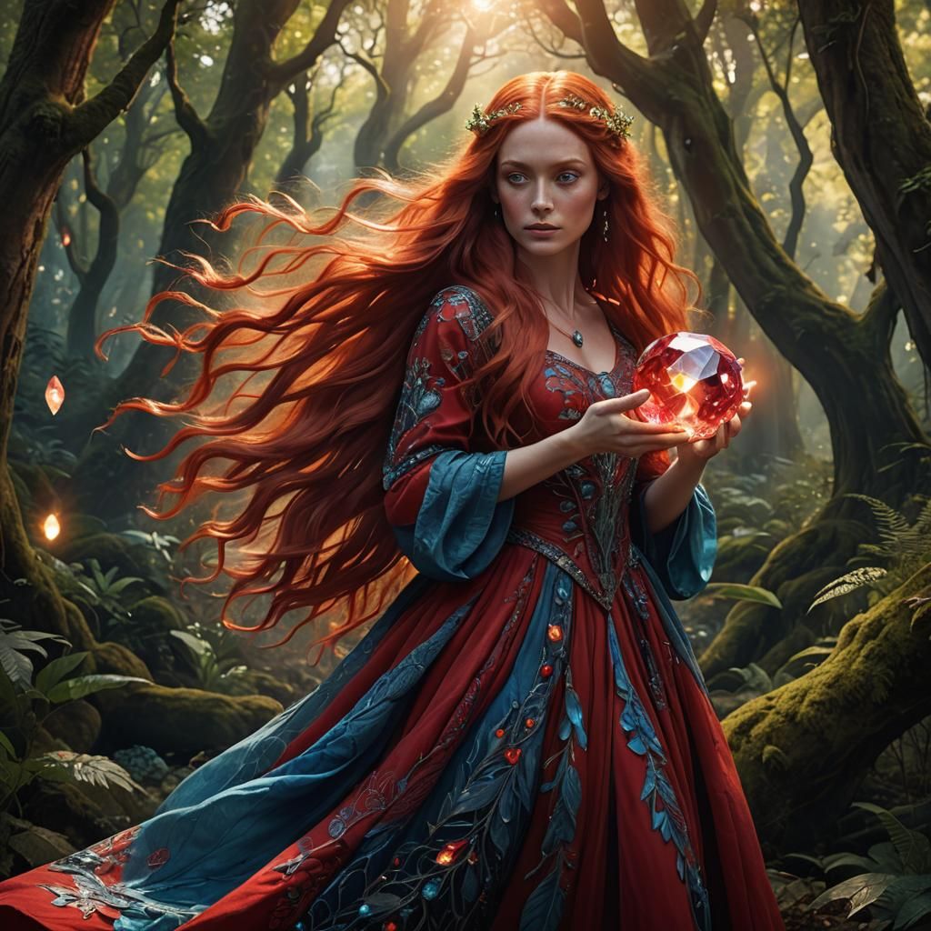 A female with long red hair,blue eyes, wearing red clothing. She is holding a huge  multicolored gem, glowing with an in...