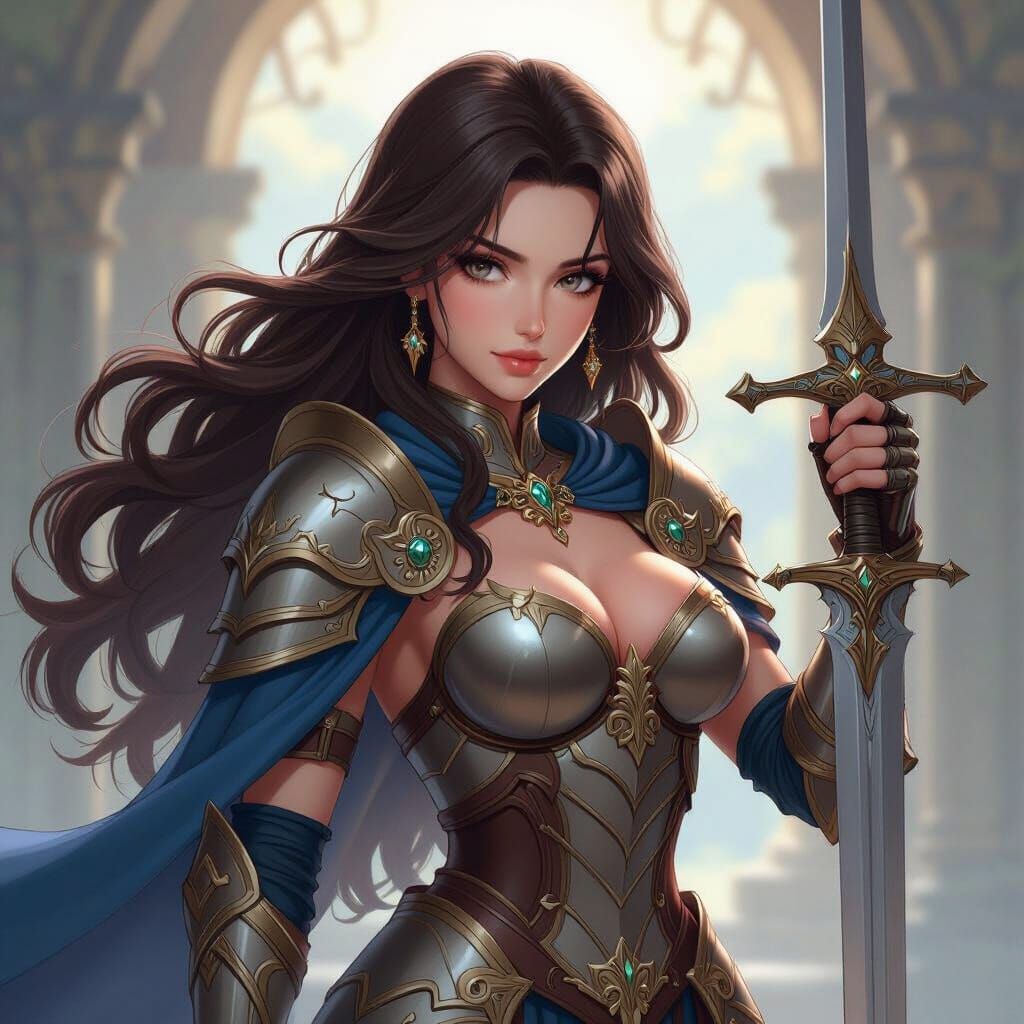 Brunette Goddess in Armor with Sword, Anime Style