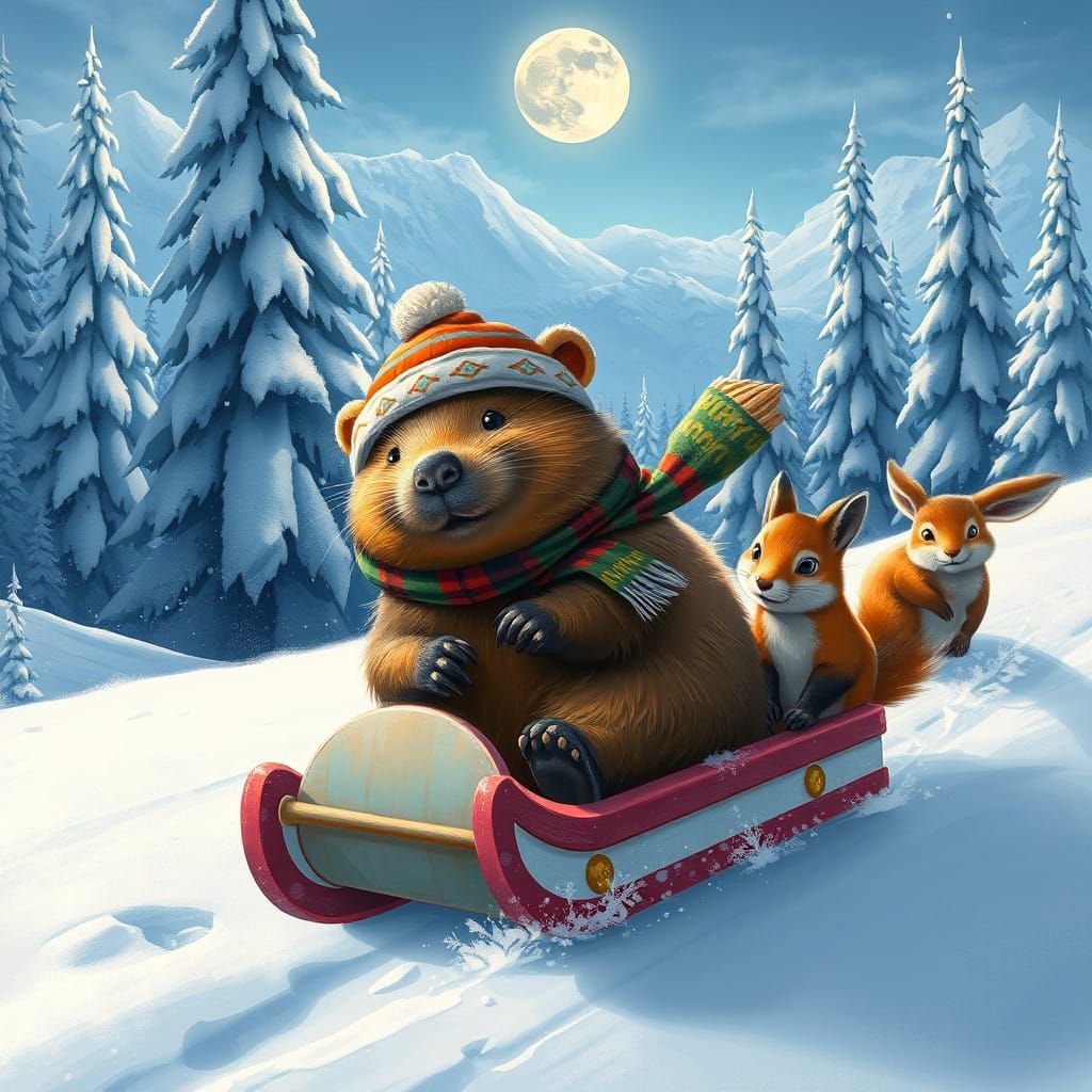 Capybara Sleds Down Snowy Hill in Whimsical Winter Wonderlan...