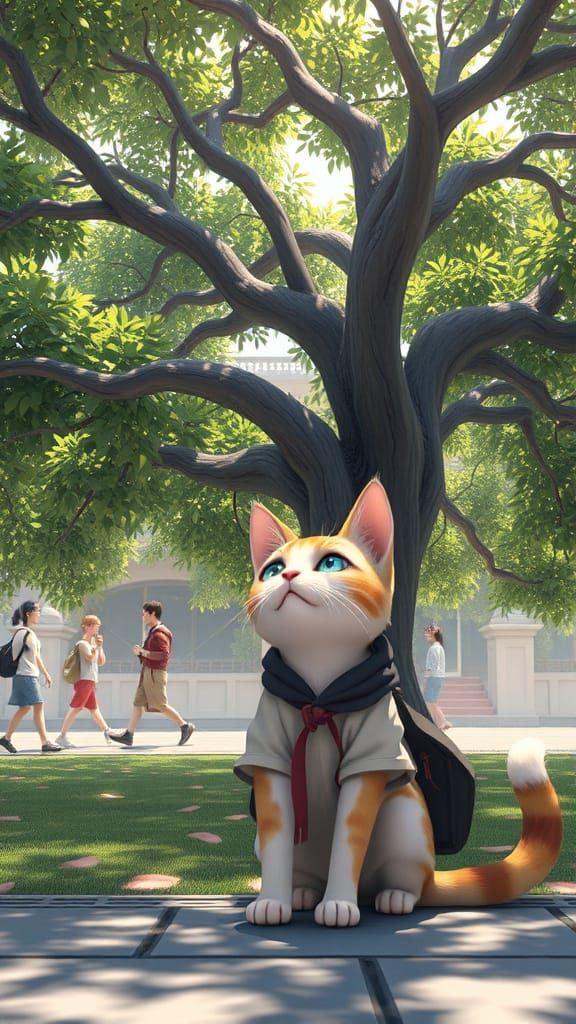 Whimsical Cat Observes Passersby: Anime-Inspired 3D Render
