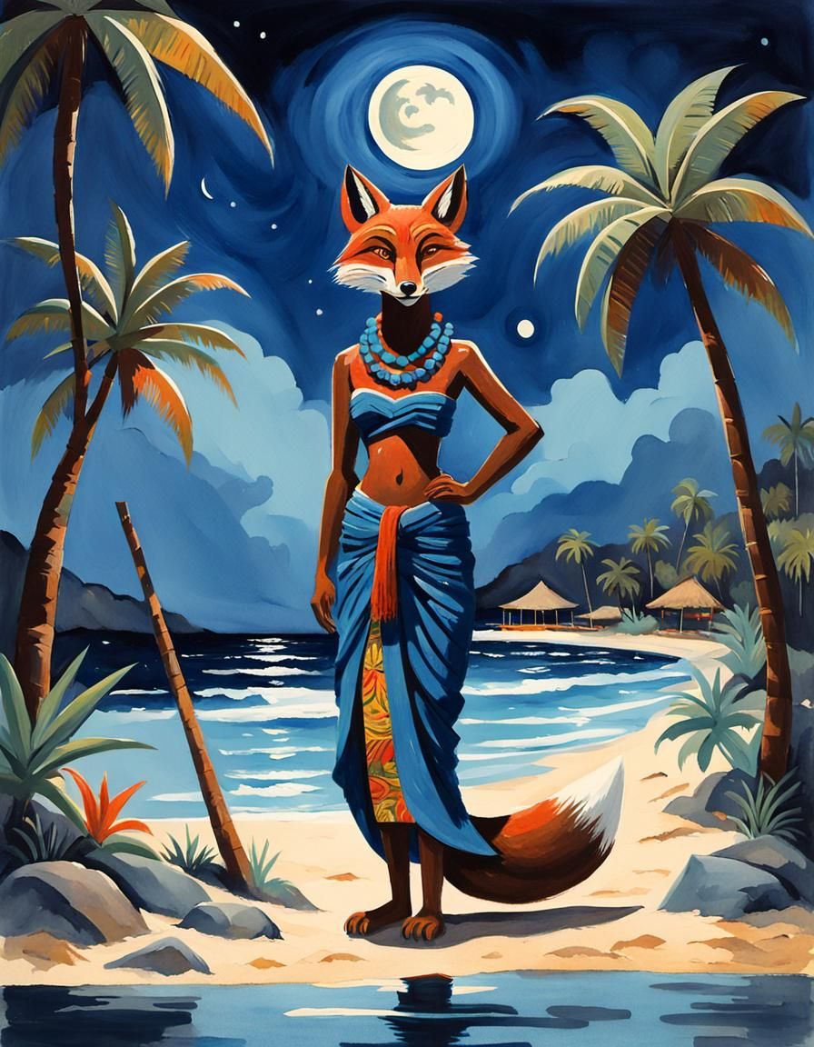 Moonlit Tiki Fox in Gouache Style