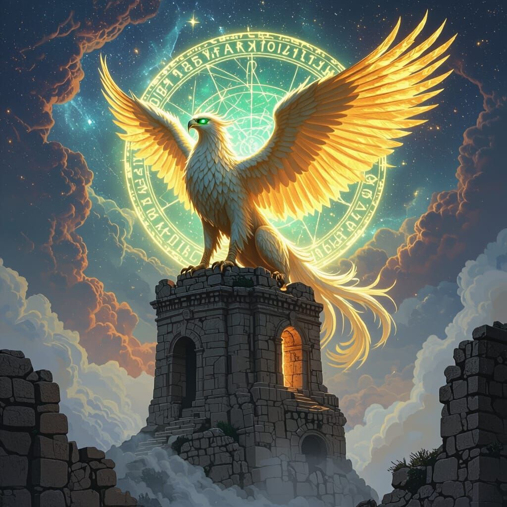 Griffin with Molten Gold Feathers on Ancient Observatory