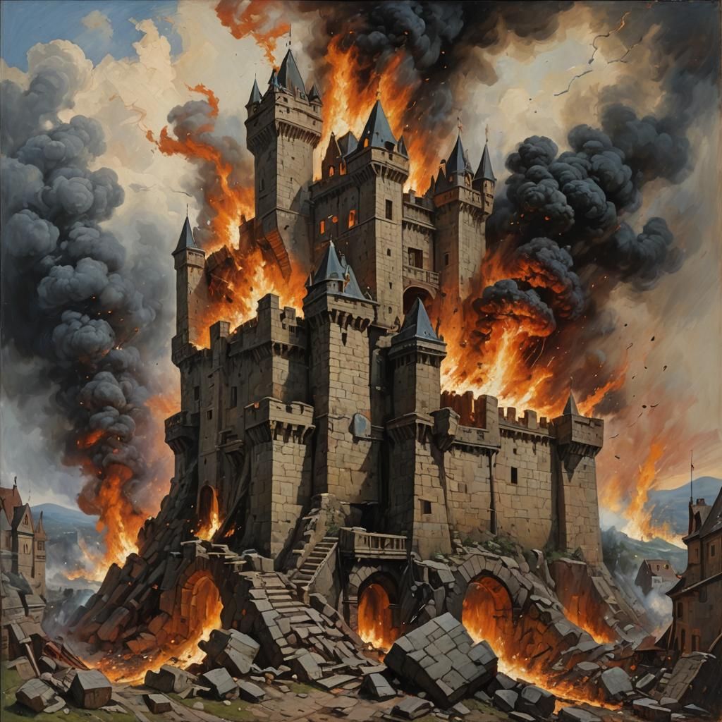 Exploding Castle in Flames, Oil Painting Style