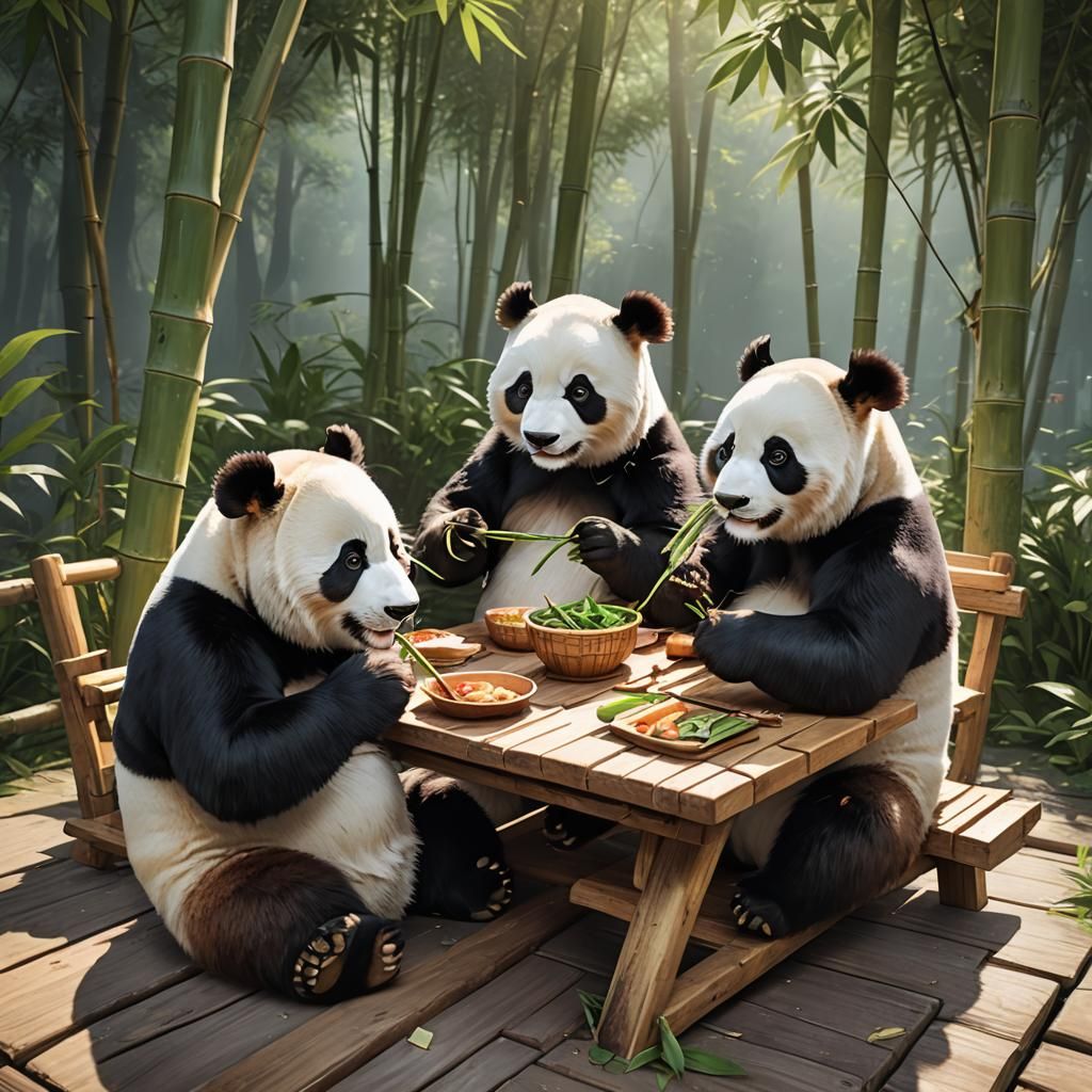 Pandas at Dinner Table in 3D Anime Style