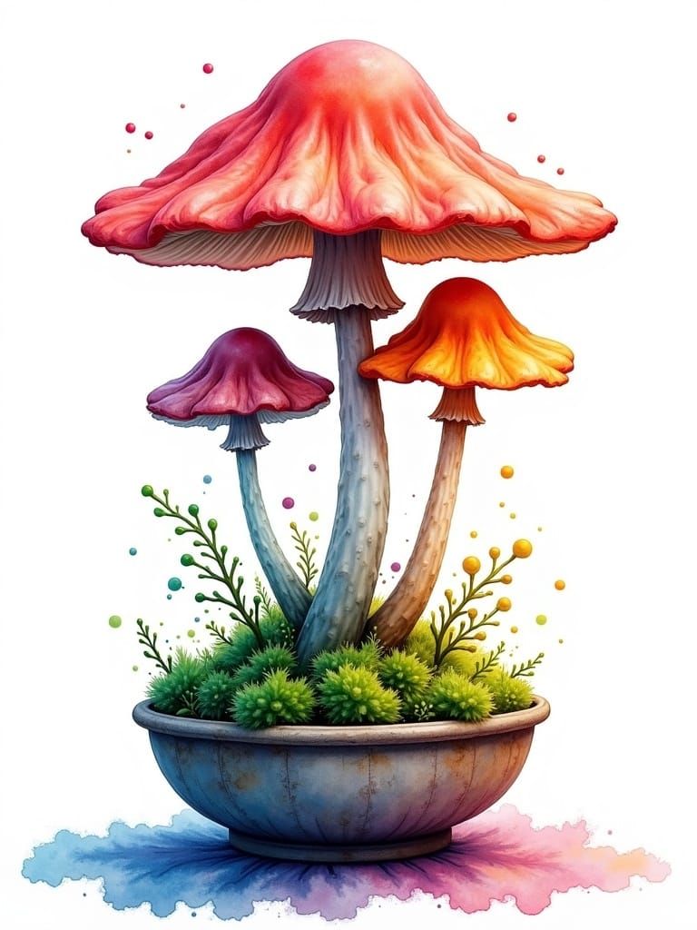 Watercolor Mushroom in Bonsai Pot with Colorful Moss