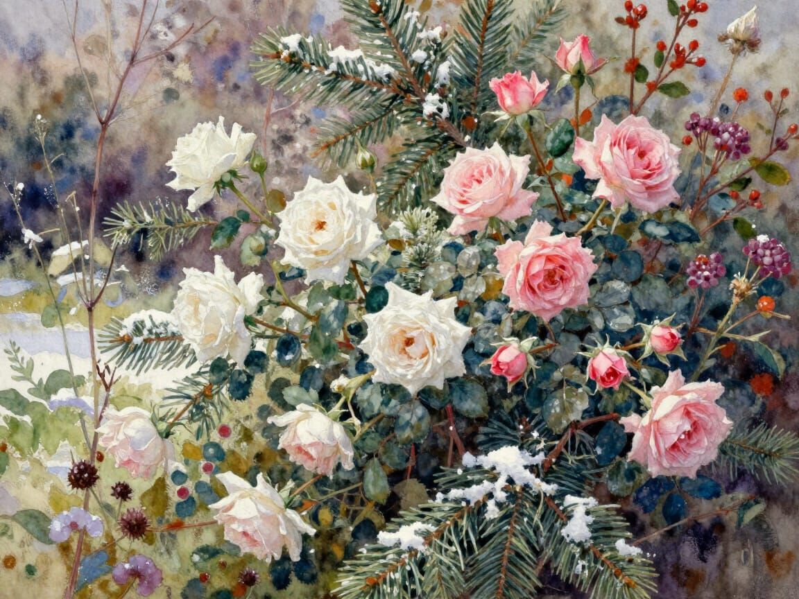 Vibrant Watercolor Winter Roses and Fir Branches