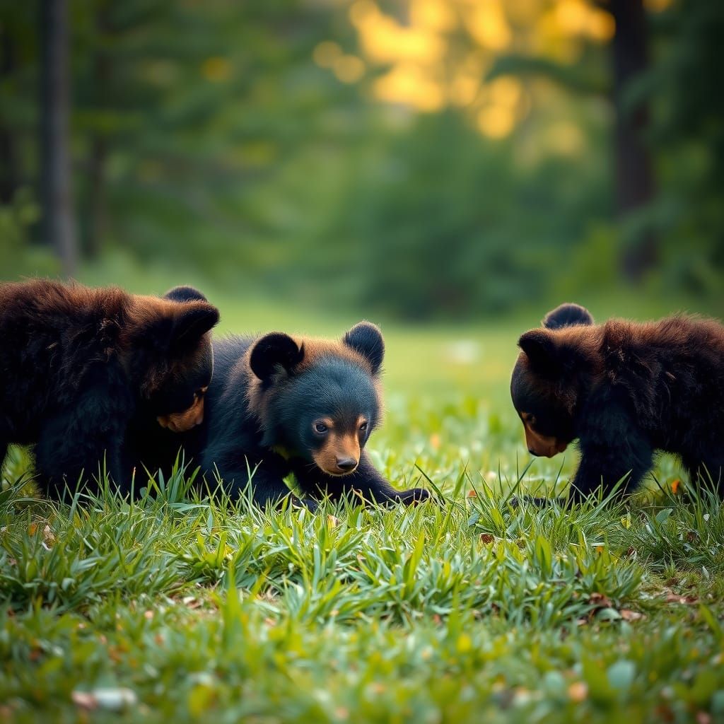 Adorable Black Bear Cubs Play in Lush Grass