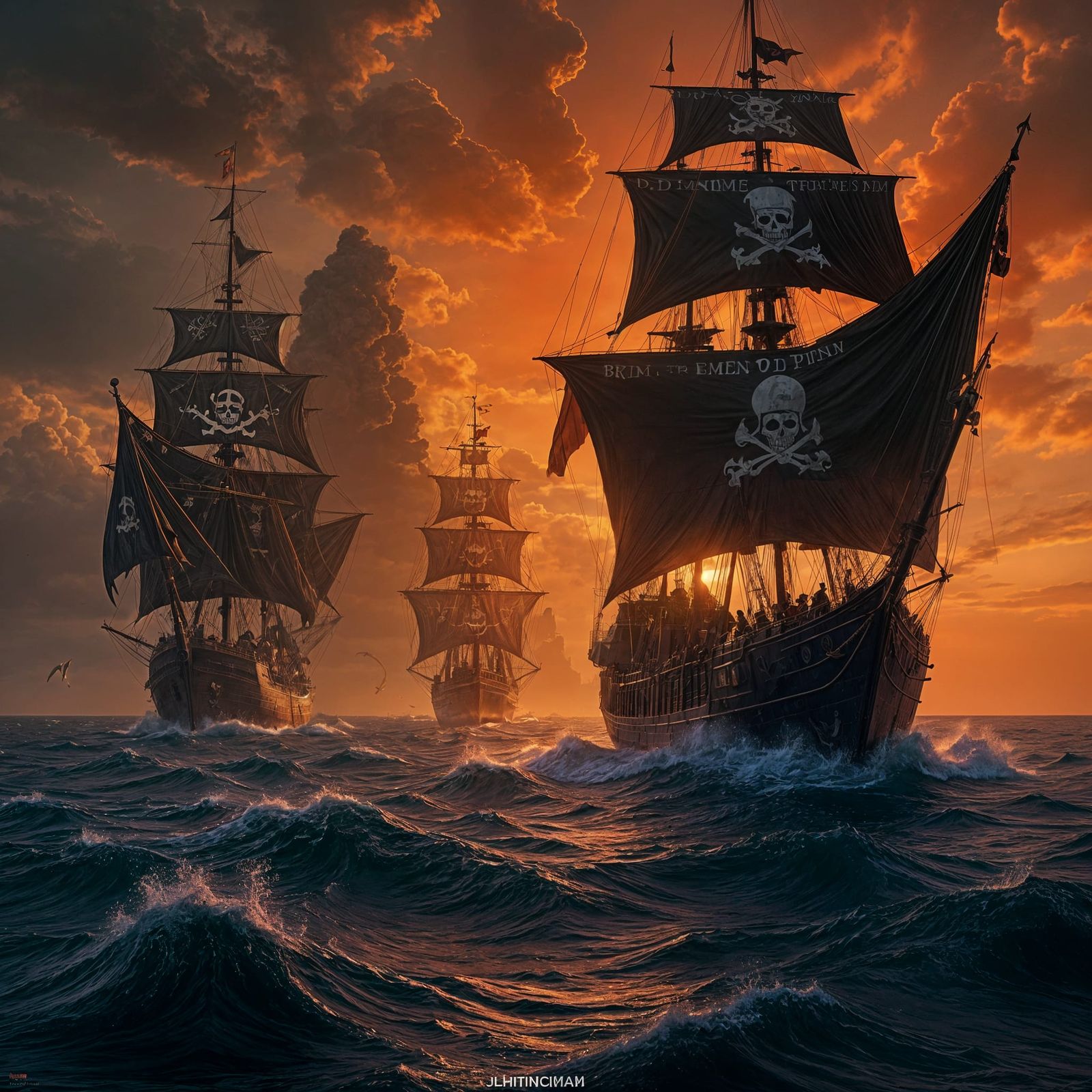 Black Flag Fleet Surges Across Dark Sea in Dark Fantasy Styl...