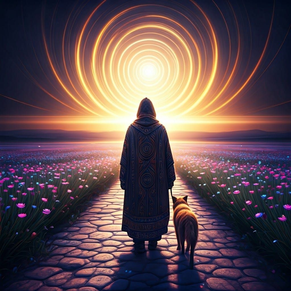 Mystical Traveler in Vibrant Floral Realm