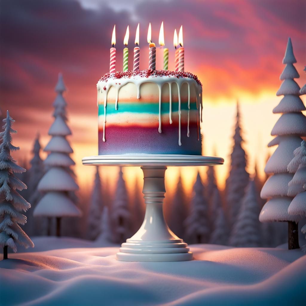 Brutalist Birthday Cake Reflecting Winter Sunset