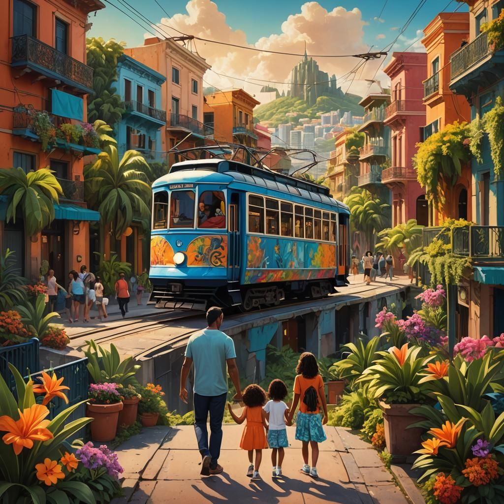 Vibrant Puerto Rican Cityscape with Family, Fantasy Concept ...