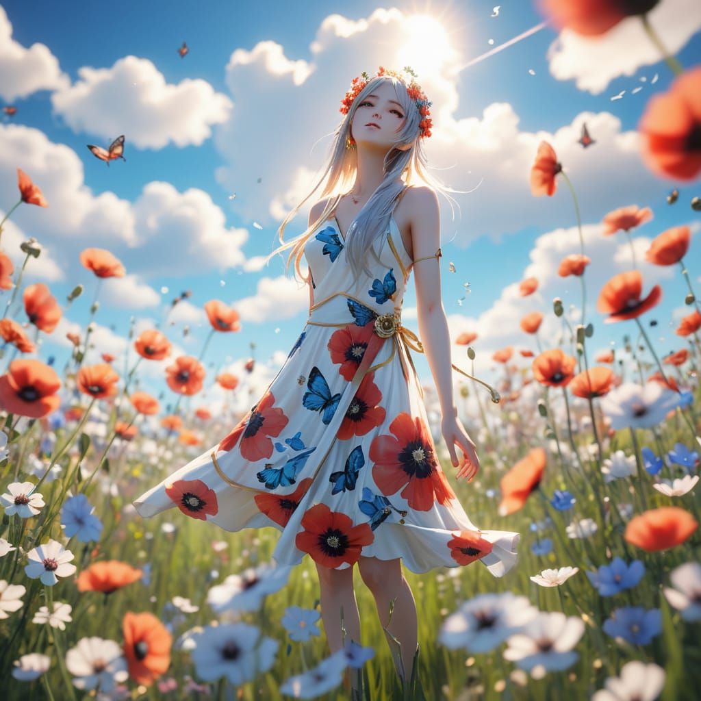 Dreamy Anime-Inspired Young Woman in a Field of Flowers
