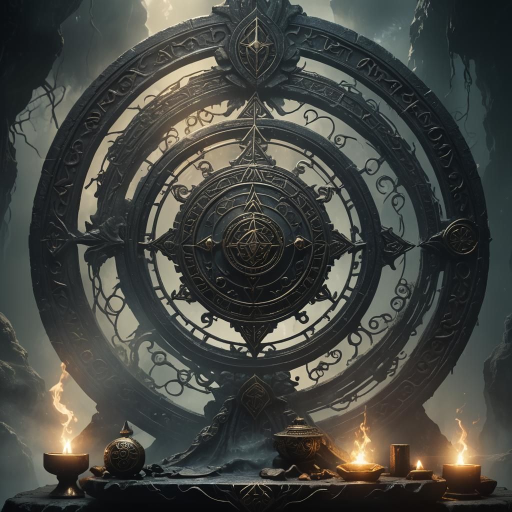 Mysterious Black Talisman Glows on Misty Altar