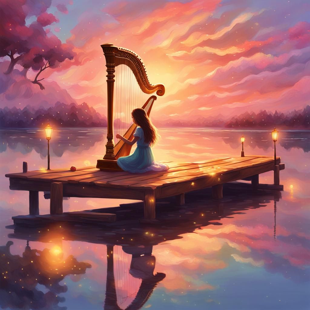 Girl Playing Harp Under Vibrant Sky