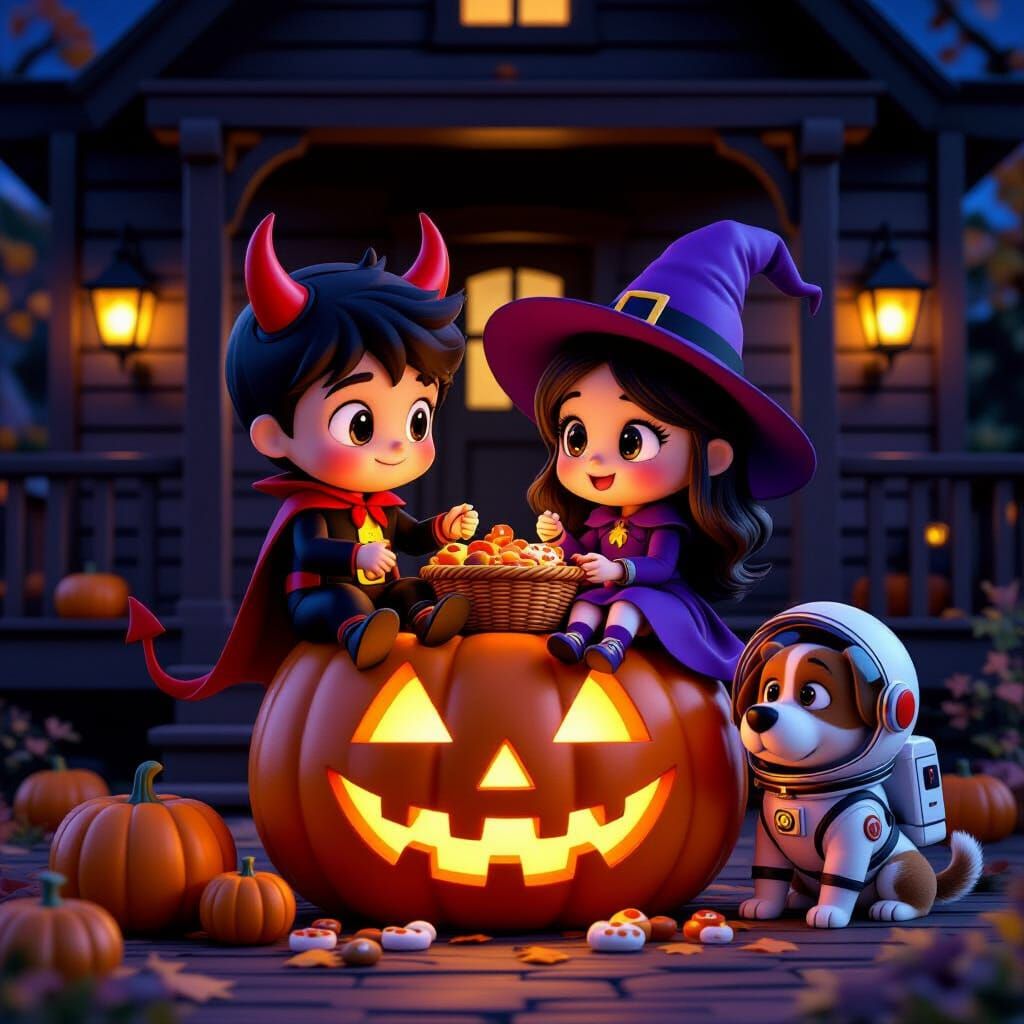 Chibi Halloween Characters Share Treats on Pumpkin