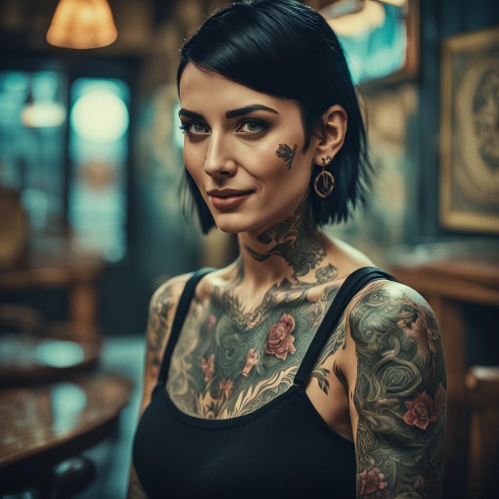 Stunning Tattooed Woman in Cinematic Film Still