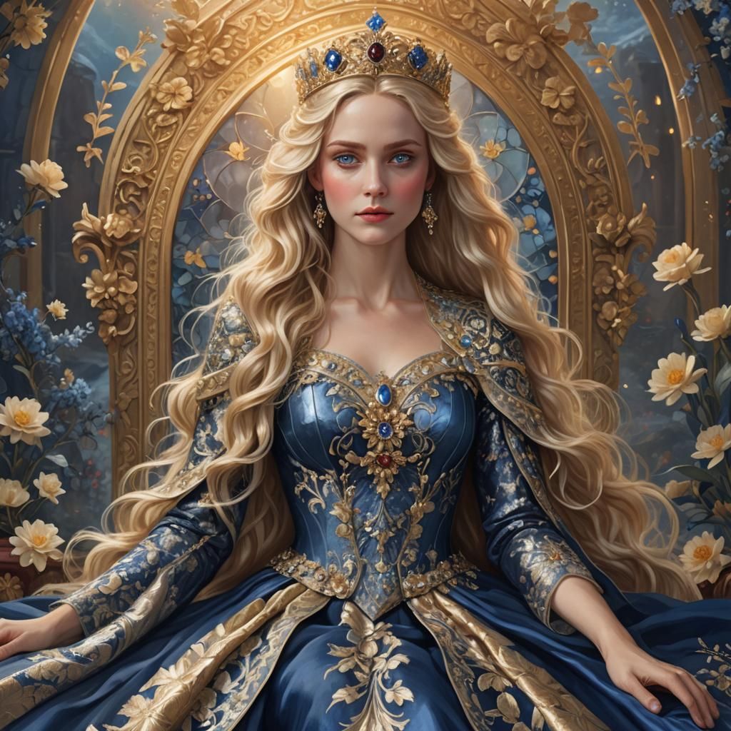 Regal Blonde Woman in Indigo Gown, Matte Painting