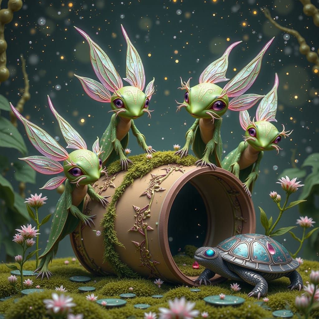 Fantastical Garden Creatures Under Starry Sky