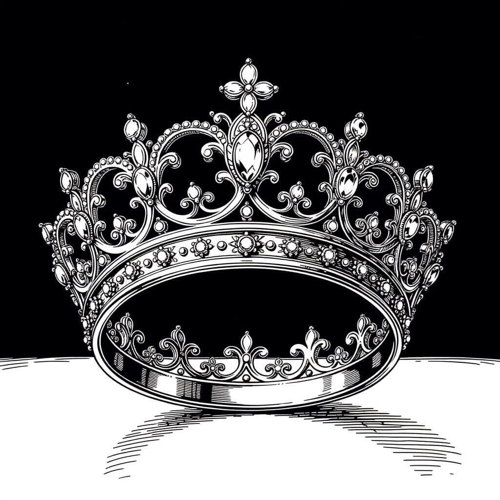 Detailed Black and White Line Art of a Royal Crown Ring