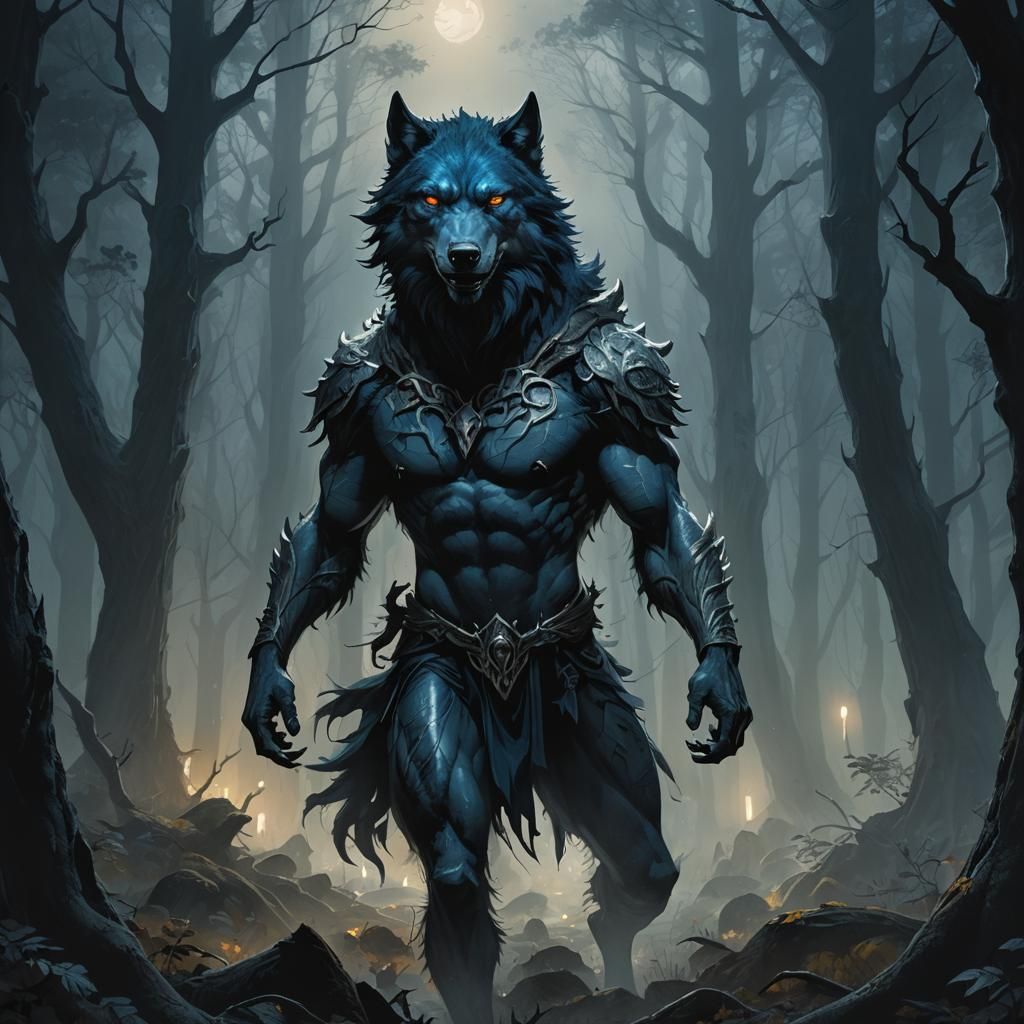 Eerie Wolf-Man Hybrid in Misty Forest