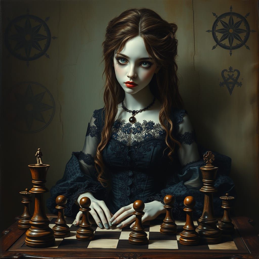 Gothic Doll Woman in Dark Romantic Oil Painting