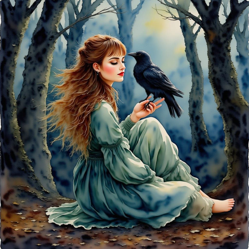 Enchanted Forest Lady with Raven, Watercolor Painting