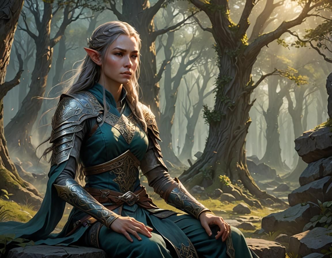 A female half-Elven bladesinger meditates on the battle to c...