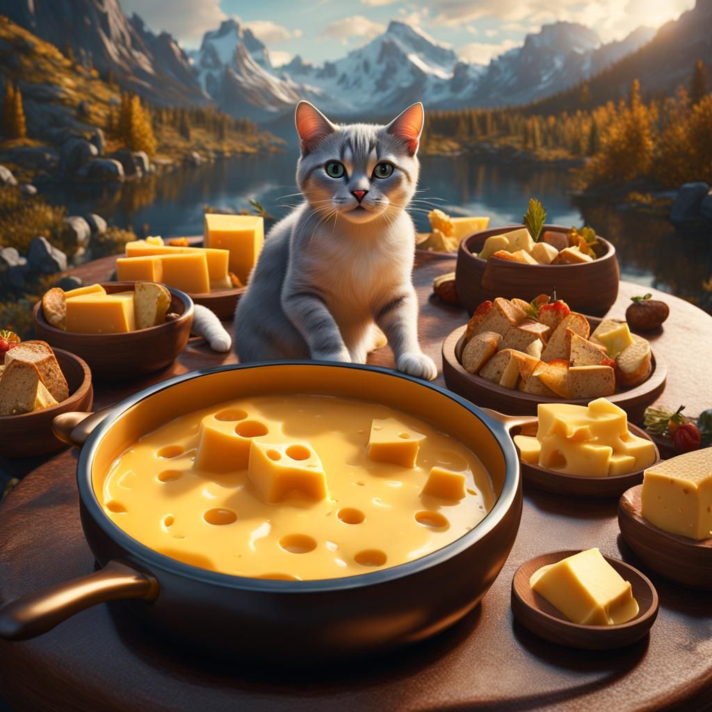 Cats' Cheese Fondue Adventure: Detailed Matte Painting