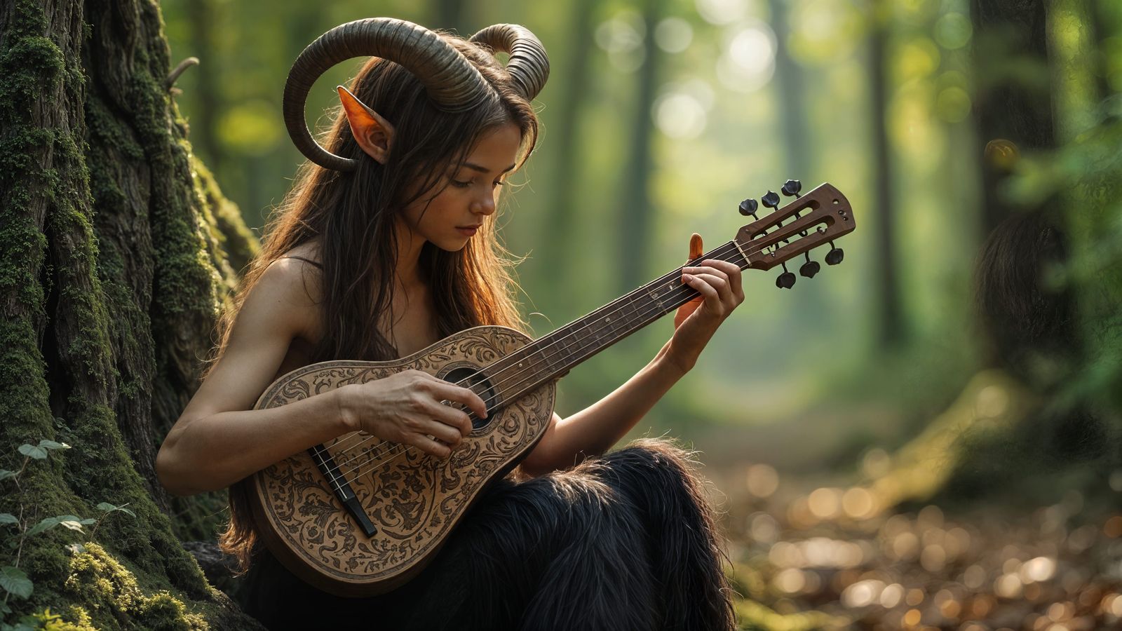Young Female Faun Plays Lute in Forest