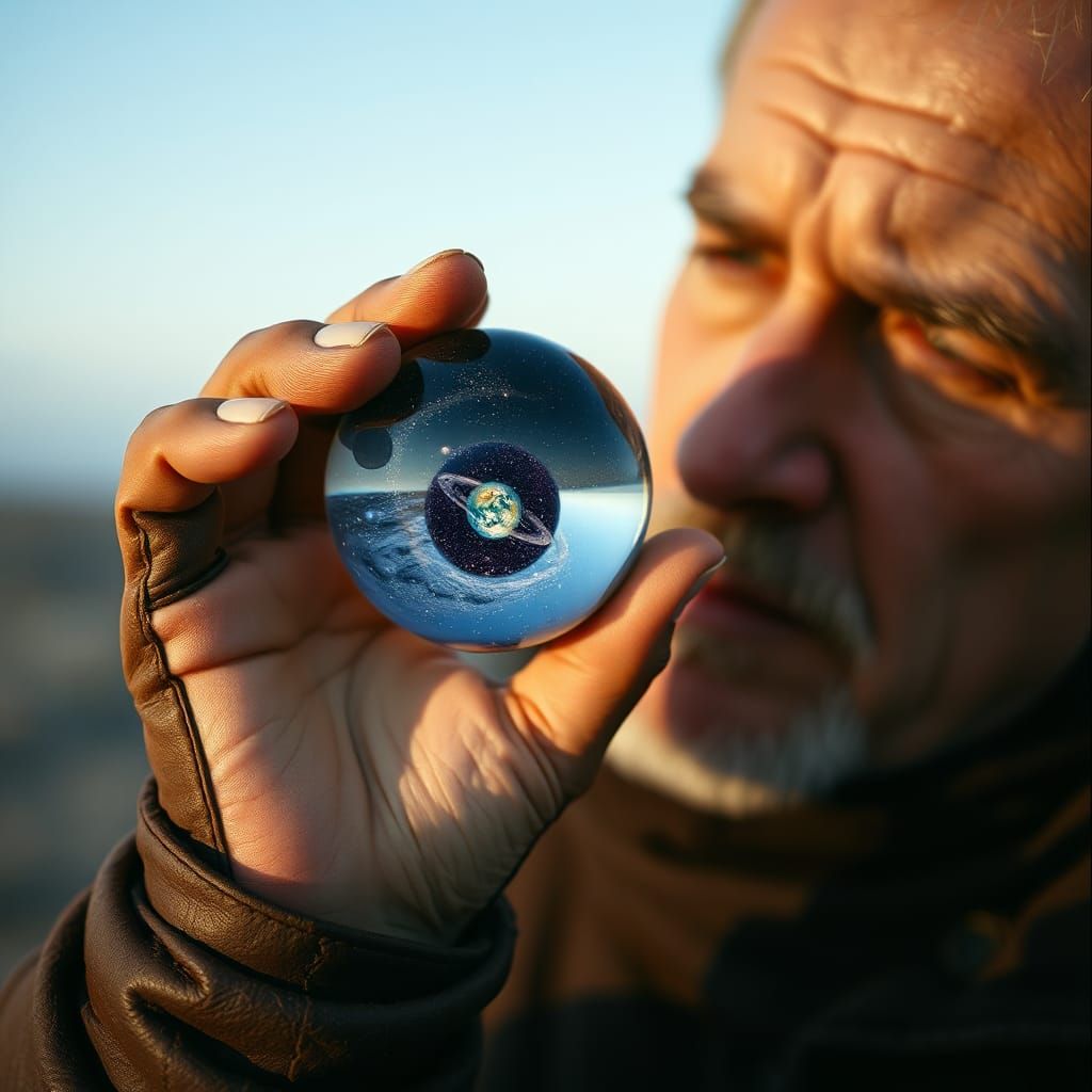 Man Holds Universe in Palm: Cinematic Photograph
