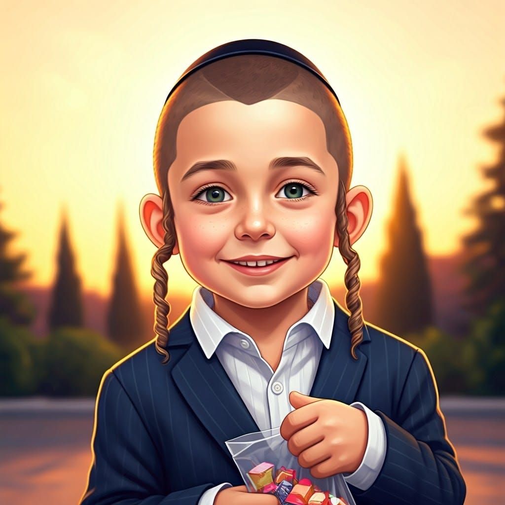 Young Haredi Hasidic Boy with Number 1 Haircut and Curly Sid...