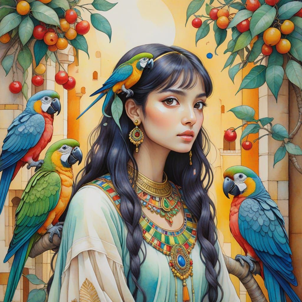 Indian Girl with Parrots in Watercolor Style