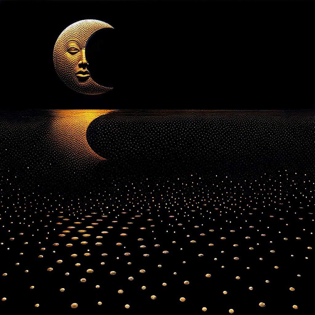 Tribal Masks Dancing Under Moonlight, Pointillism Style