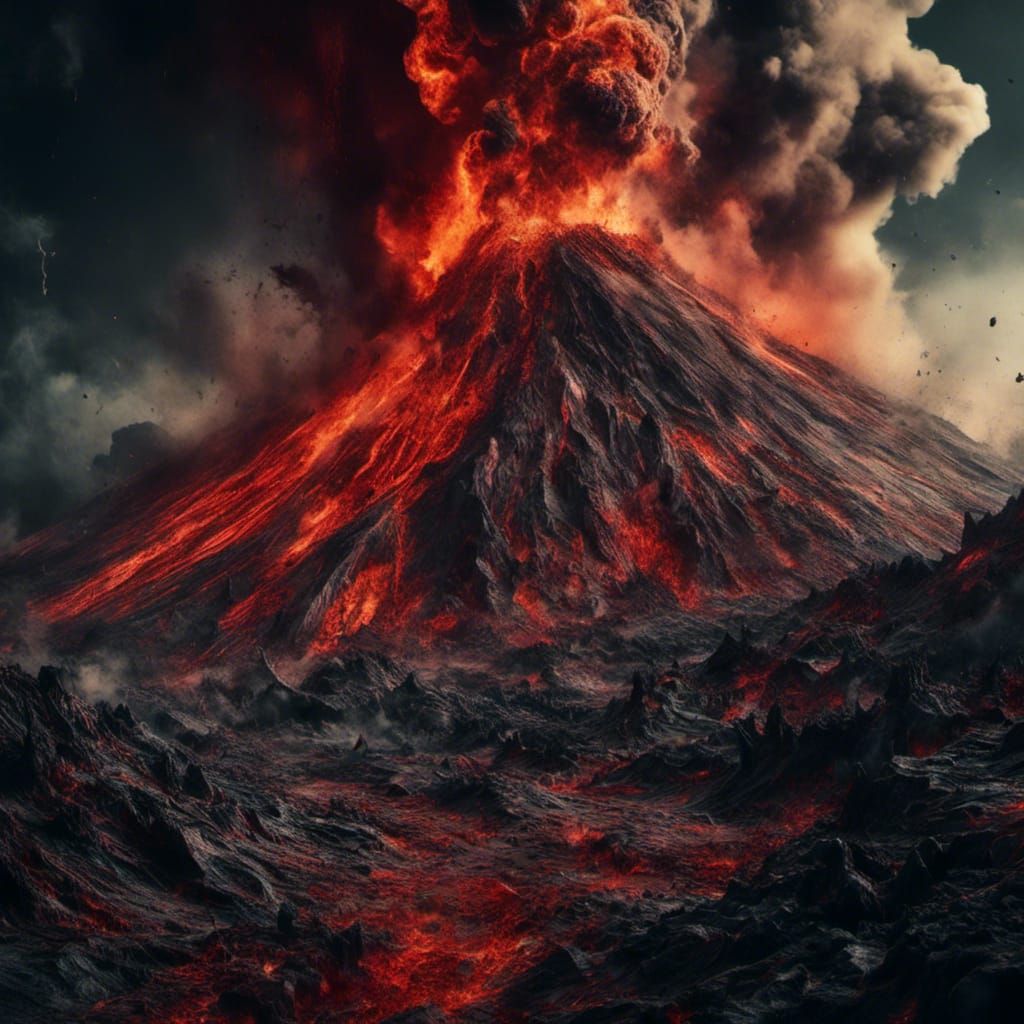 Hyperrealistic Volcano Eruption in Macabre Style