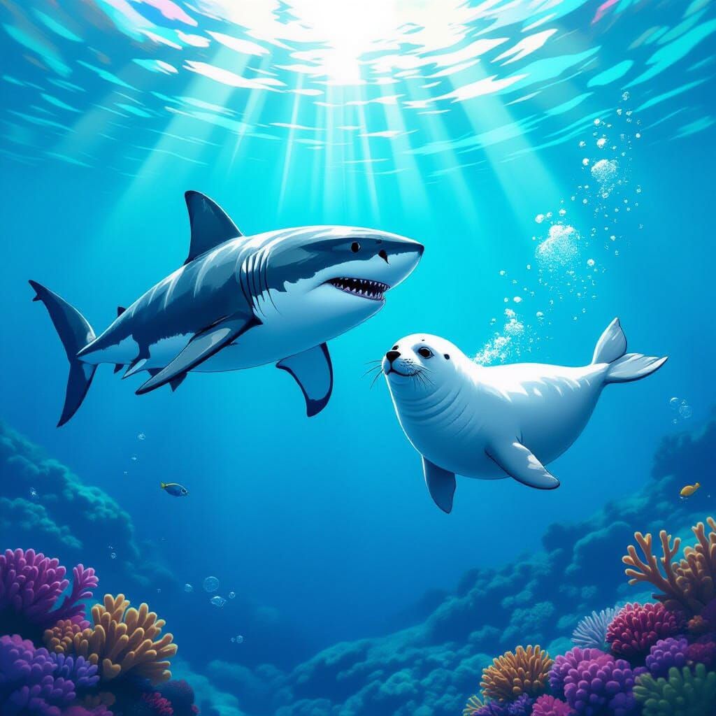 Shark and Seal Swim Together in Vibrant Underwater Scene