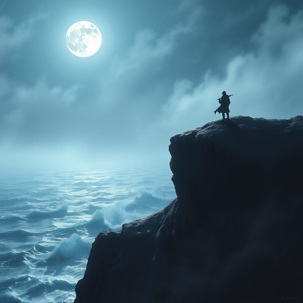 Lone Figure on Cliff Under Moonlight, Romantic Landscape