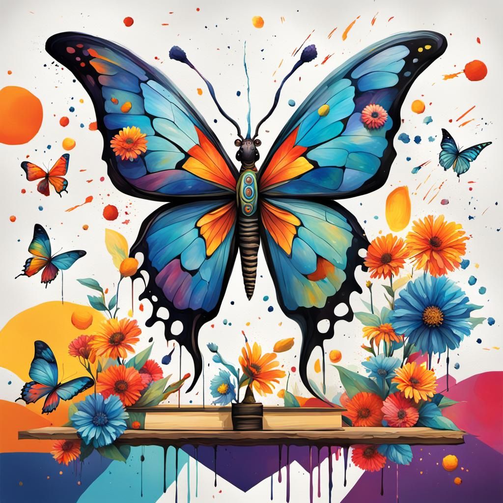 Geometric Butterfly with Cow Skull in Neo-Traditional Style