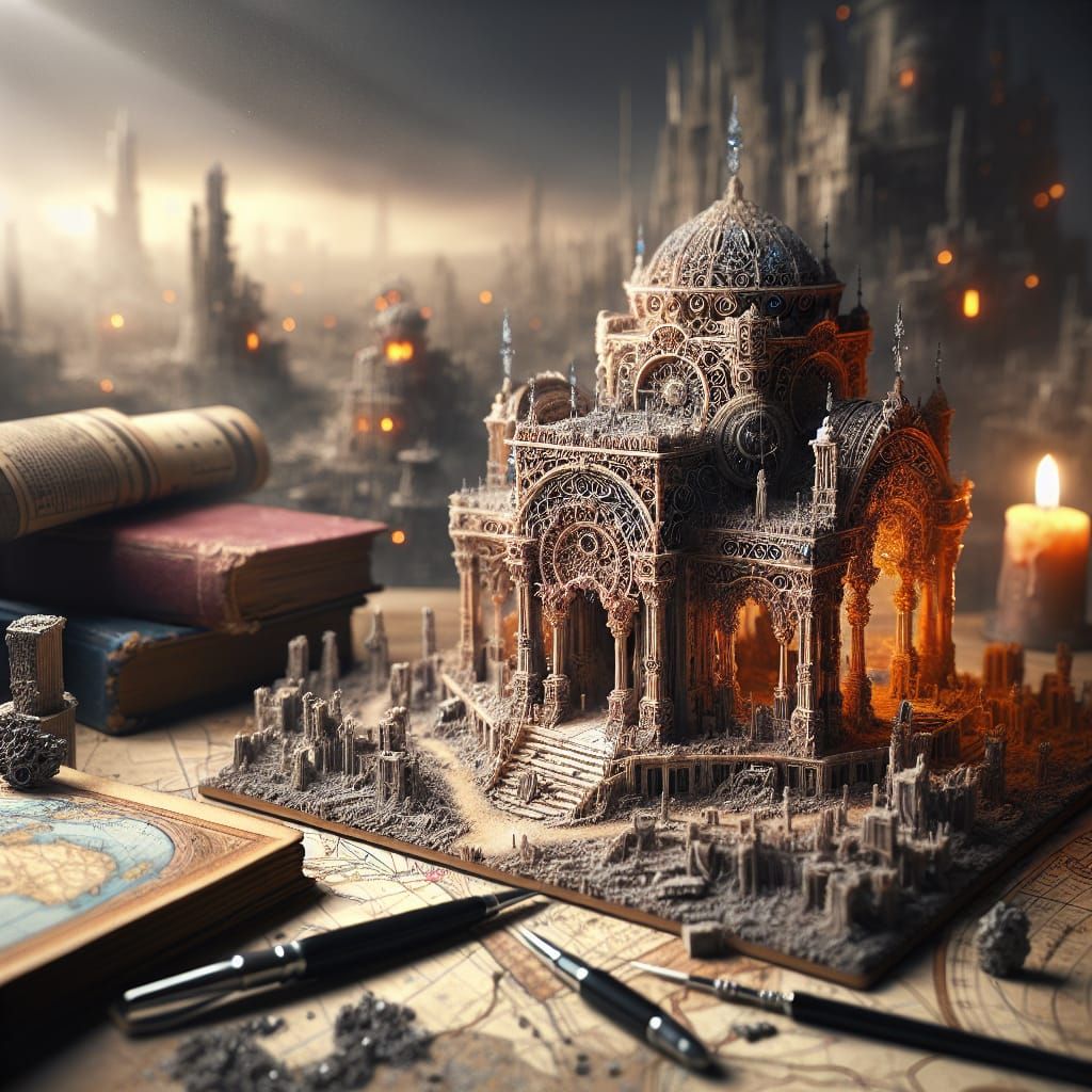 Detailed Miniature Temple in Post-Apocalyptic Setting