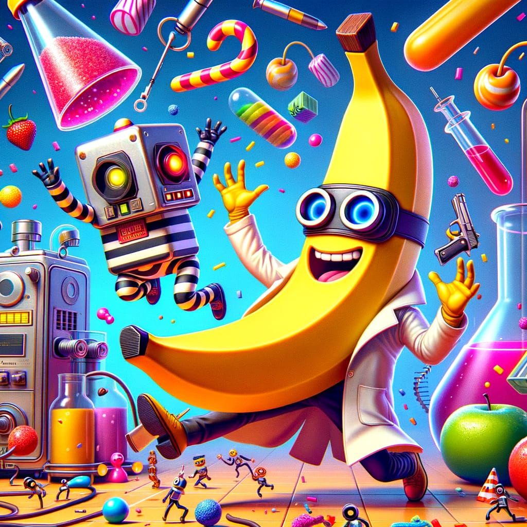 Anthropomorphic Banana Tosses Figures in a Quirky Lab