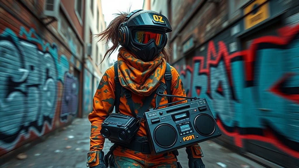 Cyberpunk Girl with Boombox in Brutalist Street