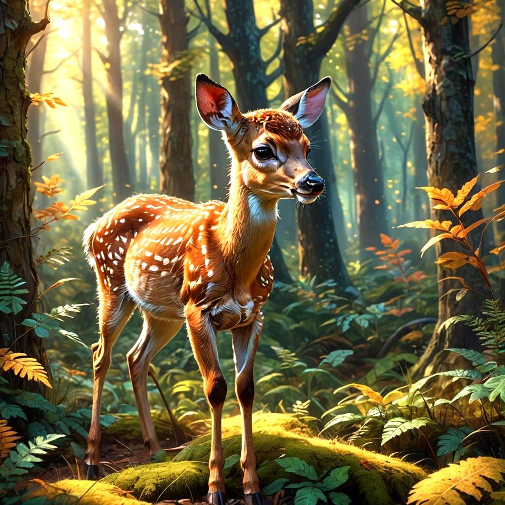 Cute Fawn in Beautiful Forest, 3D Render