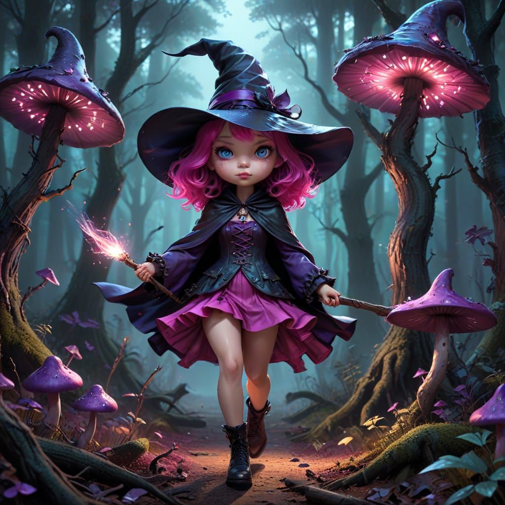 Chibi Witch in Haunted Forest: Gothic Surrealism Steampunk