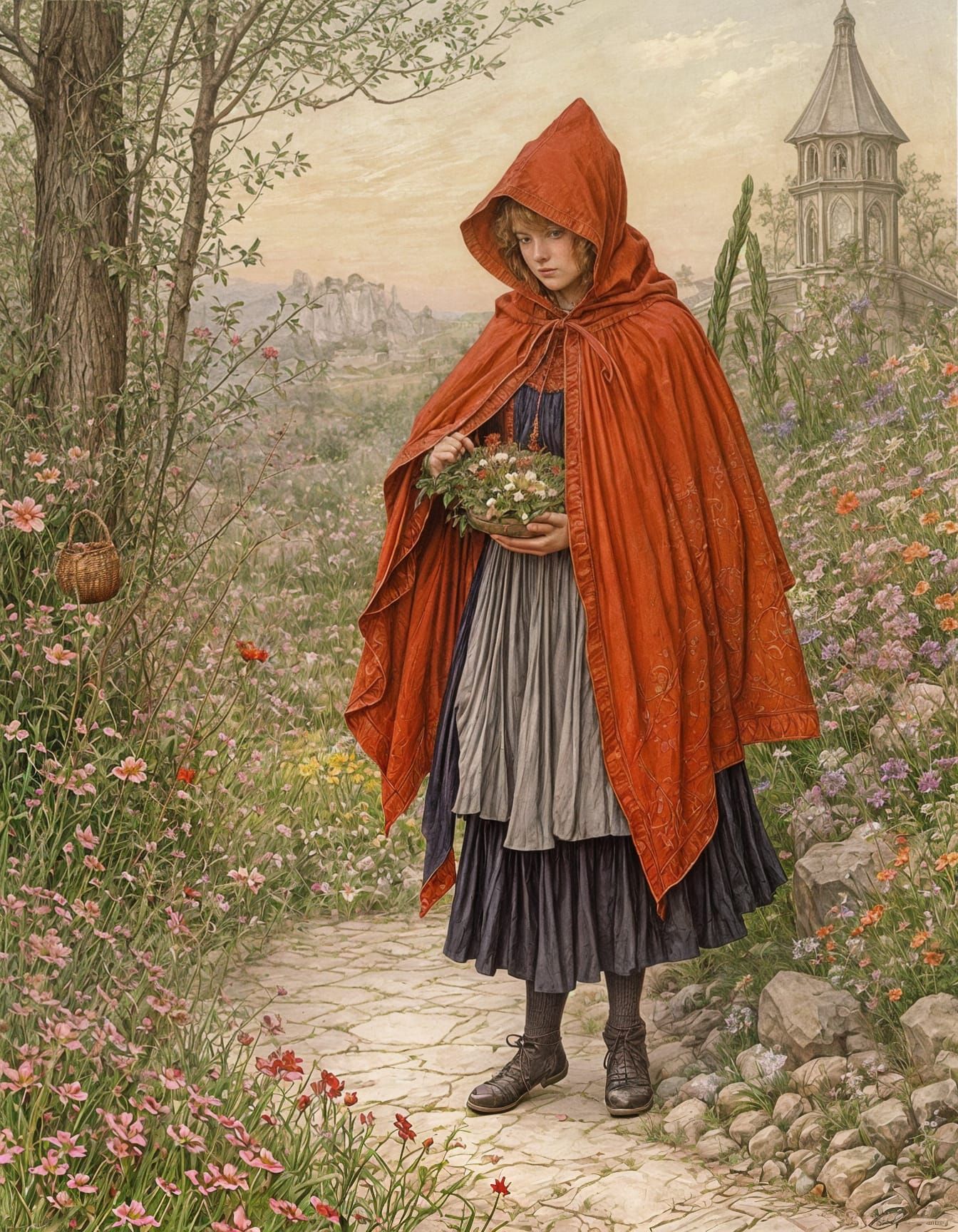 Ethereal Red Riding Hood in Warm Evening Light