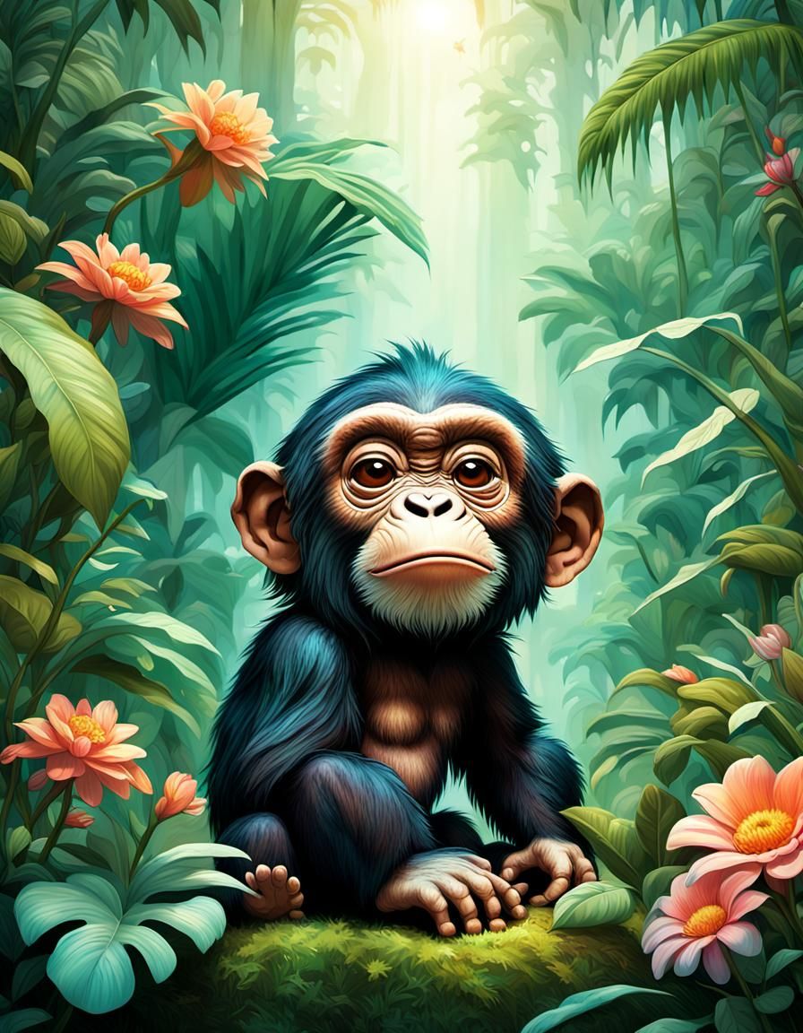 Chibi Chimpanzee with Iridescent Fur in Jungle
