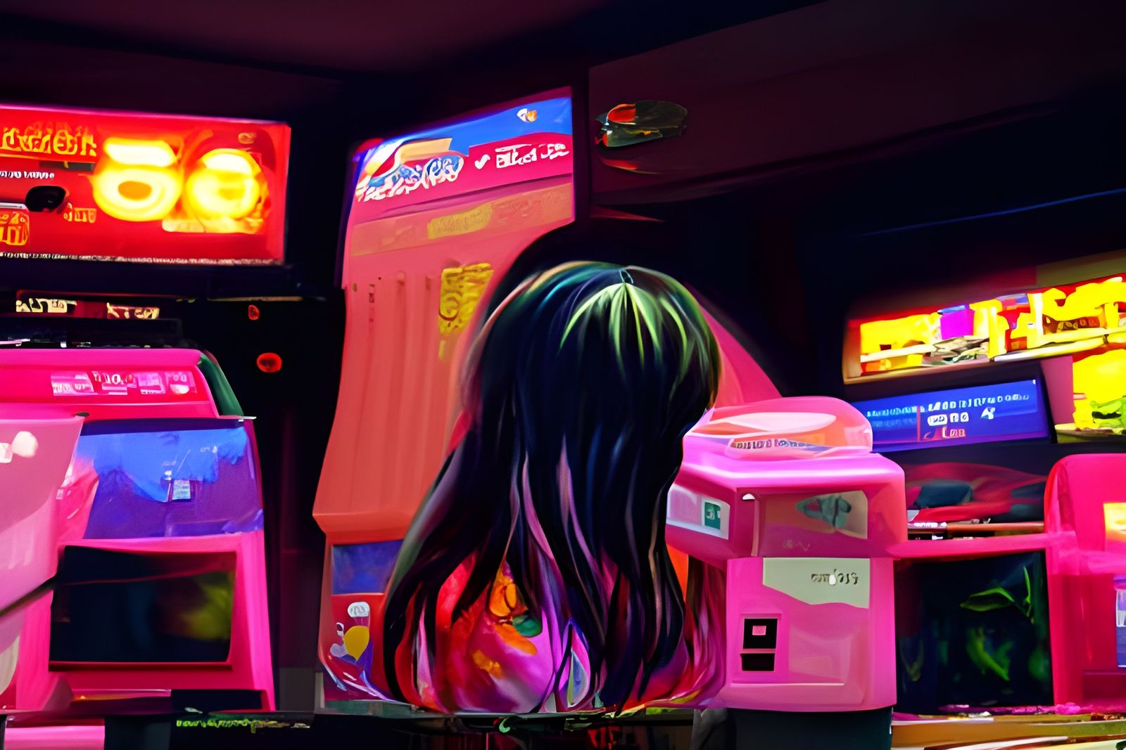 Girl in Arcade Hall: 80s Anime Digital Painting