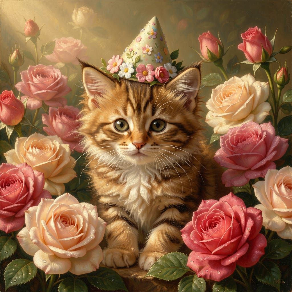 Fluffy Kitten in Flower Bonnet Amidst Roses