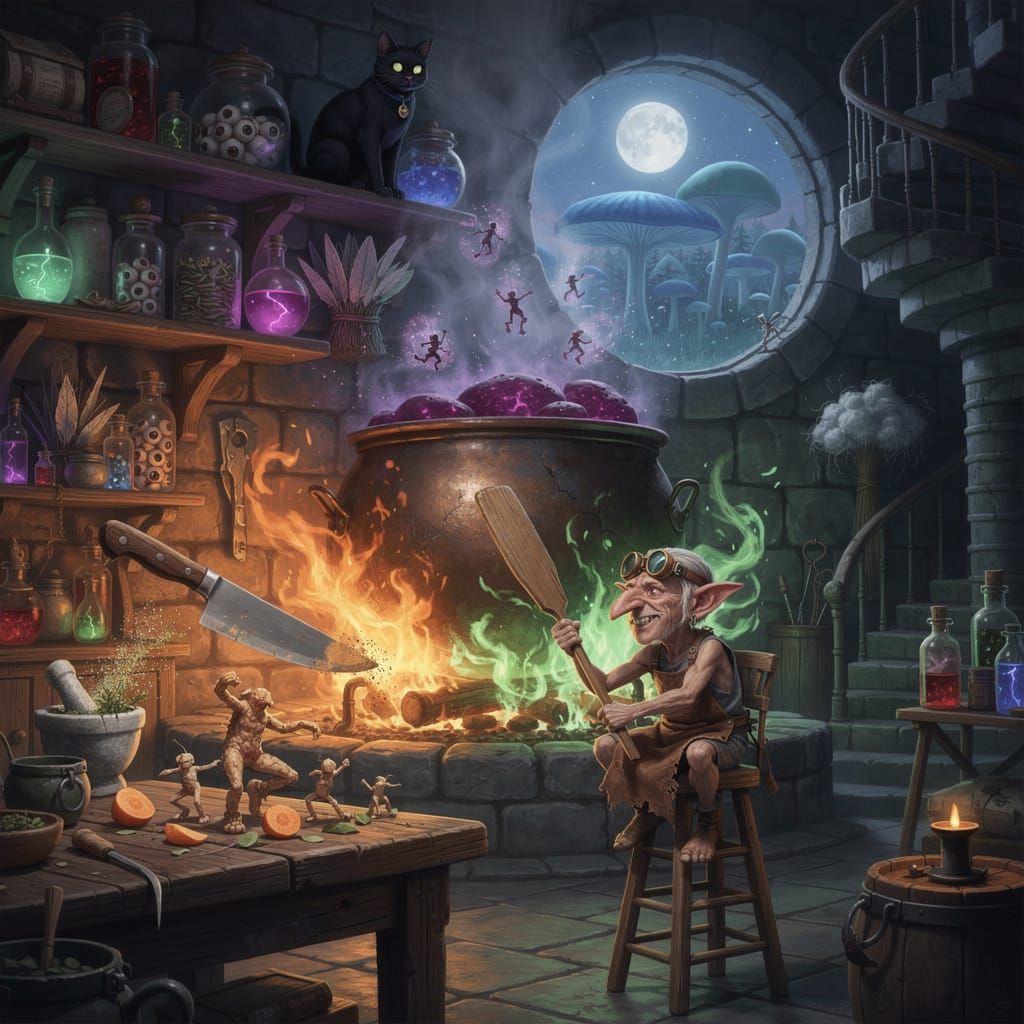 Goblin Chef Mixes Emerald Flames in Stone Hearth