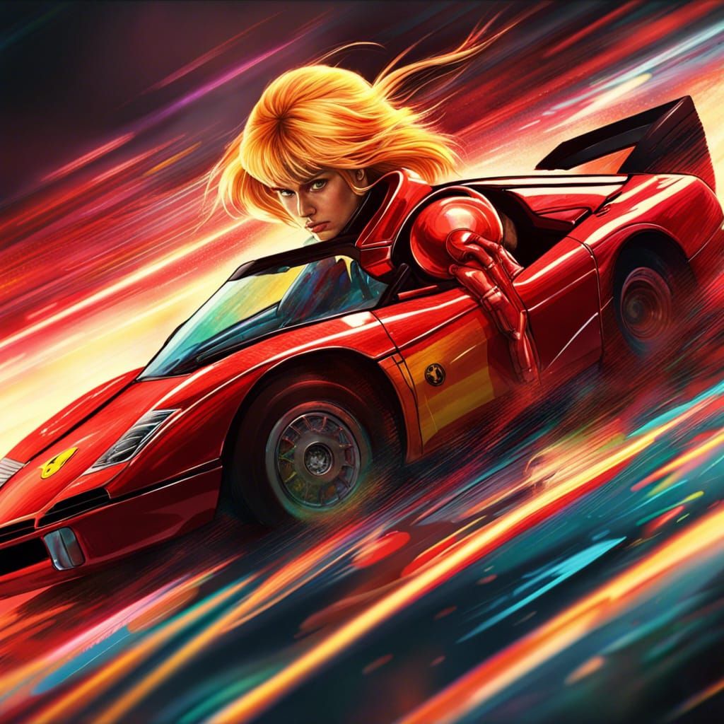 Samus Aran Drives Ferrari in 80s Art Style